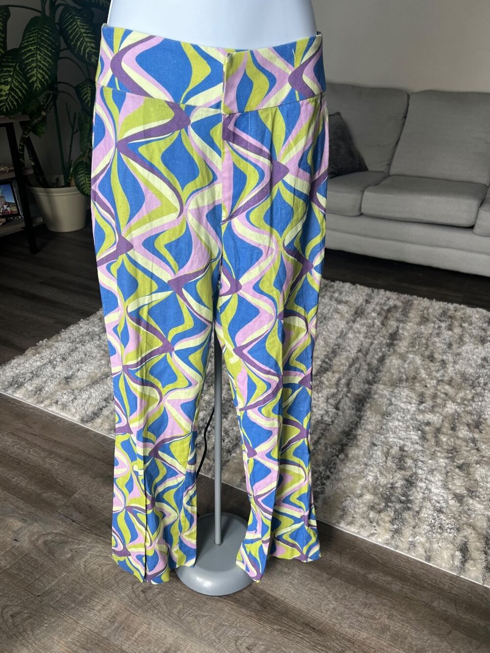 NWT Zara Linen Blend Flared High Rise Pants Multicolor Geometric Print Sz S #754